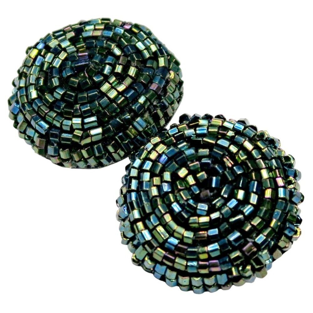 Iridescent Blue Beaded Clip-On Earrings Vintage 1960s-70s Statement Jewelry
